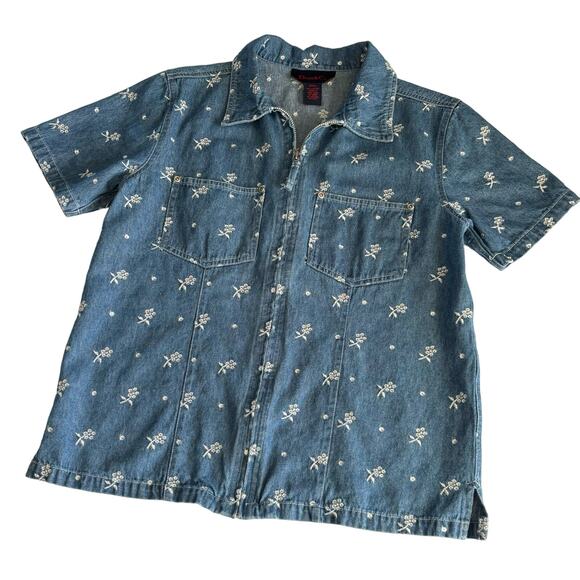 Denim & Co Tops - Denim & Co Short Sleeve Floral Eyelet Embroidered Jean Chambray Zip Up Top Small